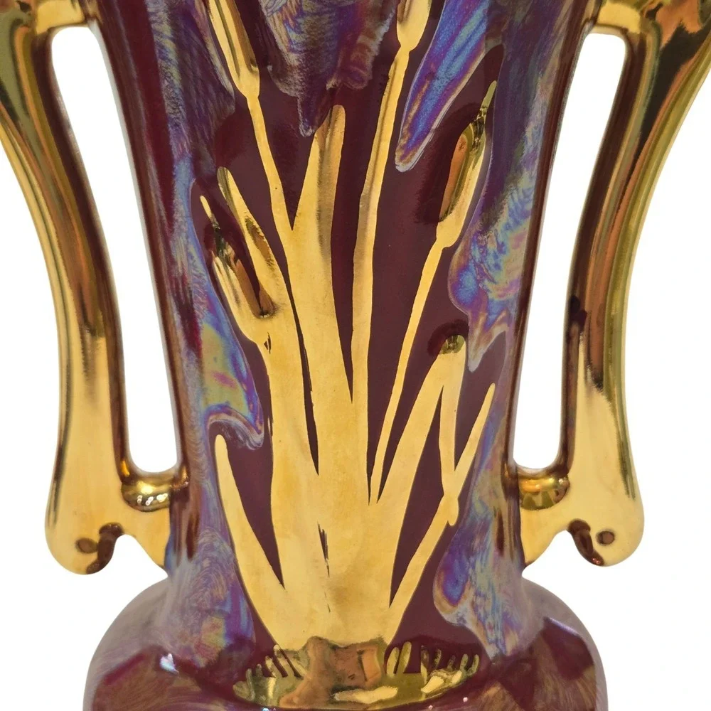Vintage Burgundy Art Nouveau Vase Iridescent Gloss With 22K Gold Accents - GUC
